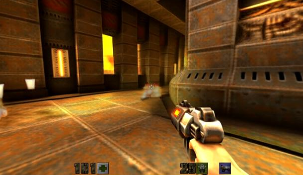 Screenshot of Microsoft&rsquo;s Quake 2 inspired AI demo showing hand holding gun in brown temple sci-fi environment