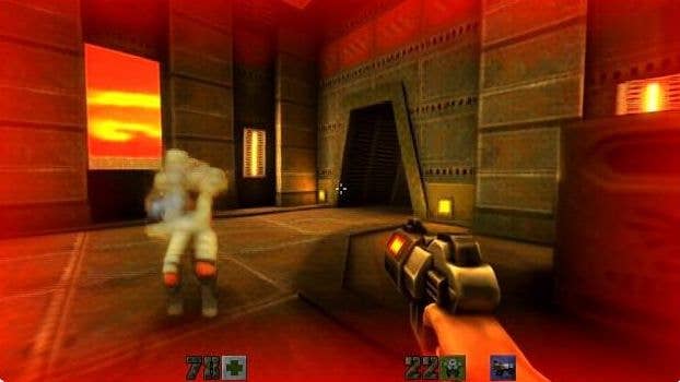 A player holds a gun toward a blurry figure in a poorly textured hallway.