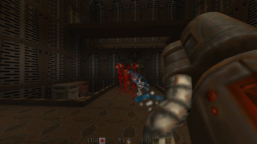 Bursting enemies into gibs using the railgun in a Quake 2 screenshot.
