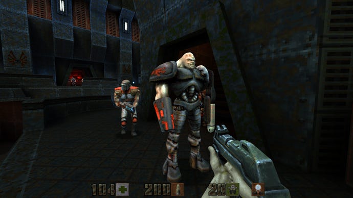 The new enemy and weapon models in a Quake 2 remaster comparison screenshot.