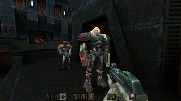 The original enemy and weapon models in a Quake 2 remaster comparison screenshot.