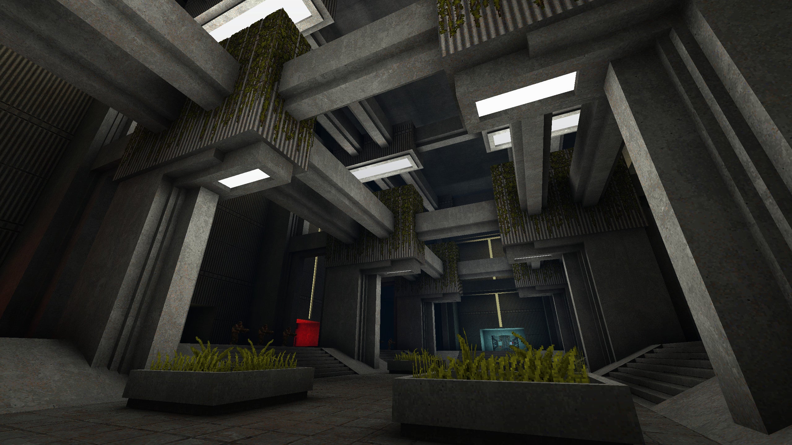 An otherworldly concrete space in the Quake Brutalist Jam map pack.
