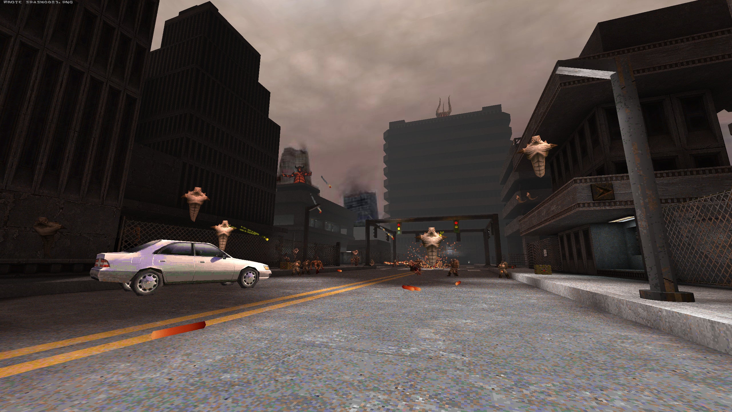 An otherworldly concrete space in the Quake Brutalist Jam map pack.