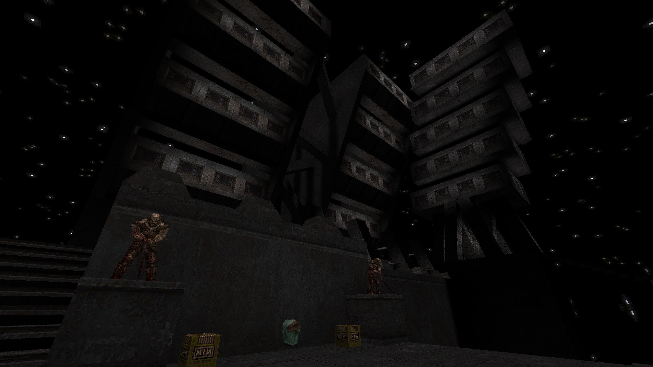 An otherworldly concrete space in the Quake Brutalist Jam map pack.