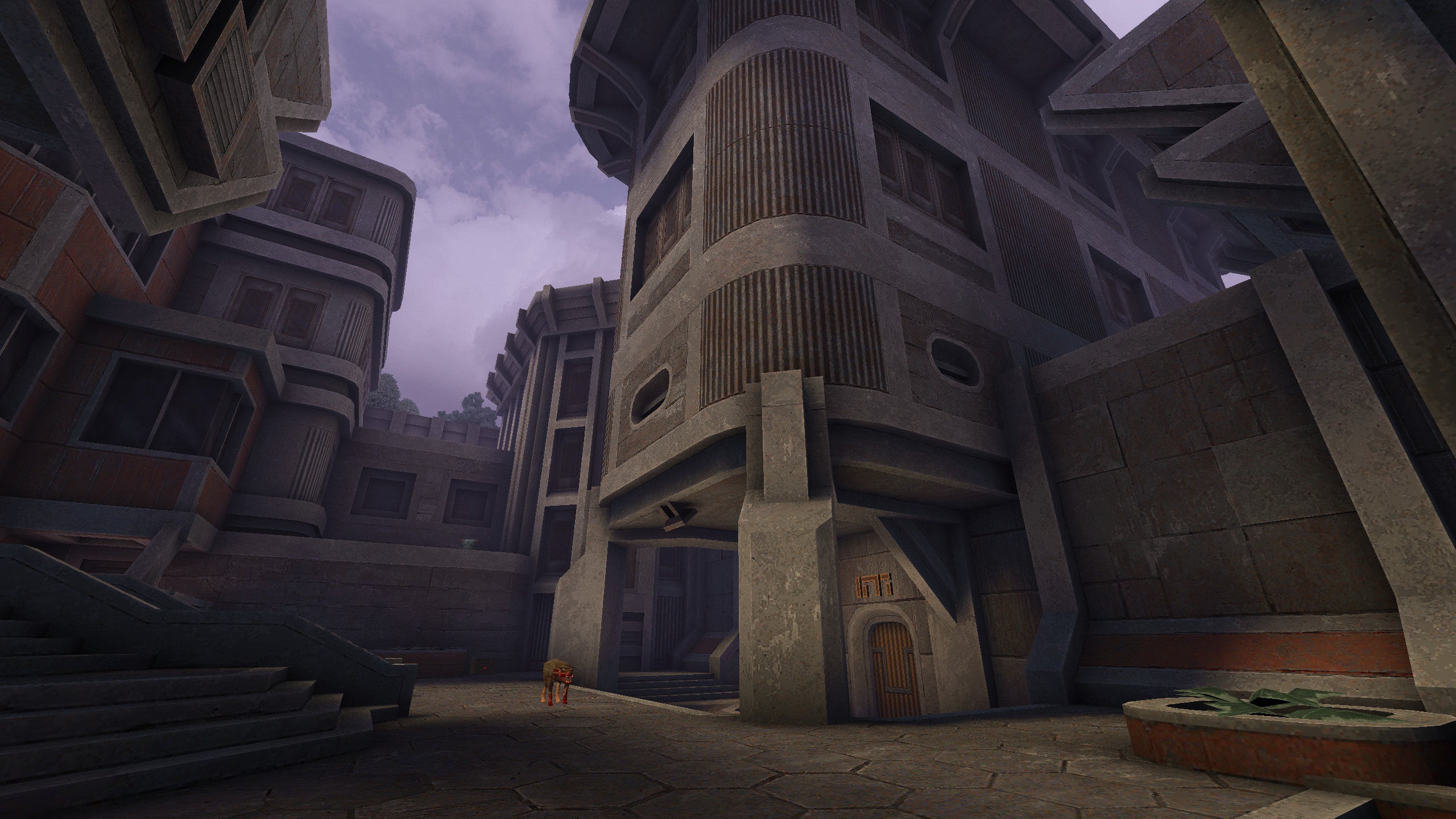 An otherworldly concrete space in the Quake Brutalist Jam map pack.