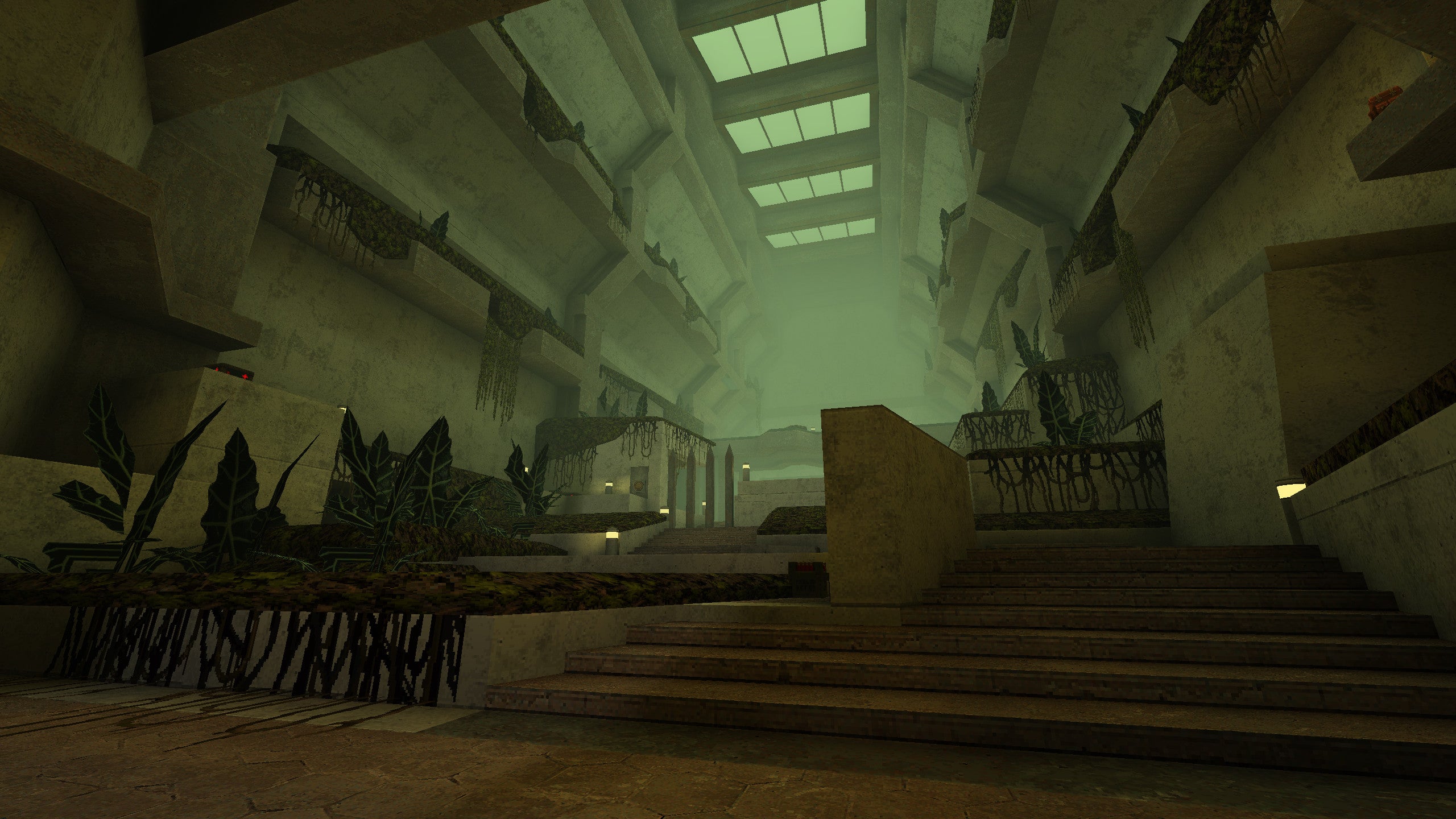 An otherworldly concrete space in the Quake Brutalist Jam map pack.
