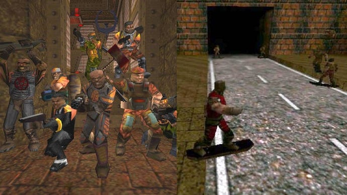 Quake mods Team Fortress (left), and Kickflip Quake (right)