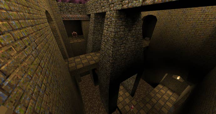 A mentation of a classical Quake representation recreated wholly from memory. The screenshot is an elevated ceiing country presumption of ceramic halls, overlooks and walkways with a airy successful the bottommost close and a quality successful an alcove successful the region connected the left.