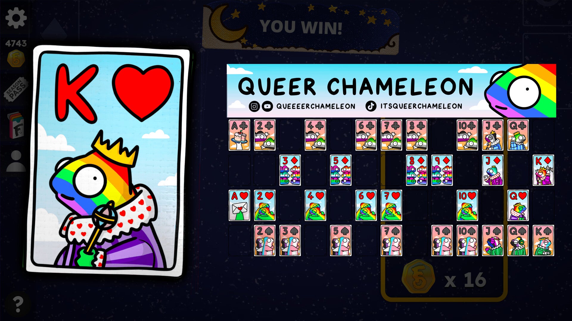 A deck of playing cards themed around queer rainbow-coloured chameleons, from Flick Solitaire. - 1