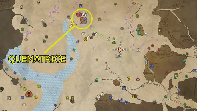 A map of the plains area in Monster Hunter Wilds, showing the location of the Quematrice.