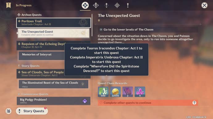 The quest menu for The Unexpected Guest in Genshin Impact