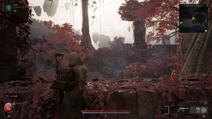 You gaze out over the crimson glades and ruins of Yaesha in Remnant 2.