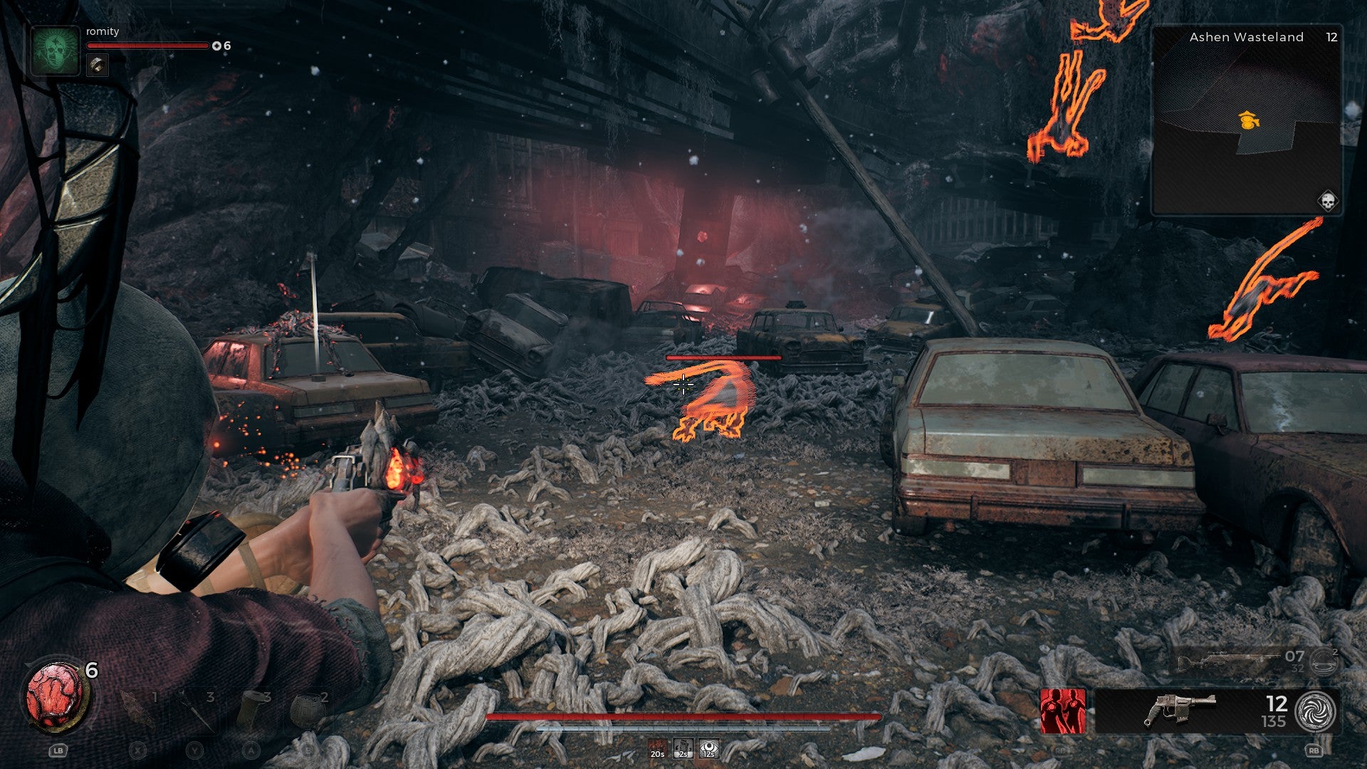 The Hunter&rsquo;s special ability enables enemies to glow red in Remnant 2 - four such creatures are in front of you, moving between dead, grey roots.