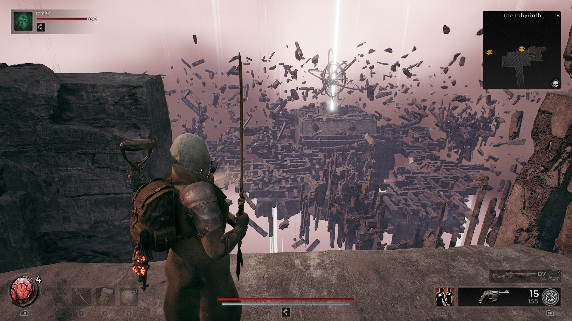 You gaze down at a ruined labyrinth where stones, lasers, and crystals pepper the sky in Remnant 2.