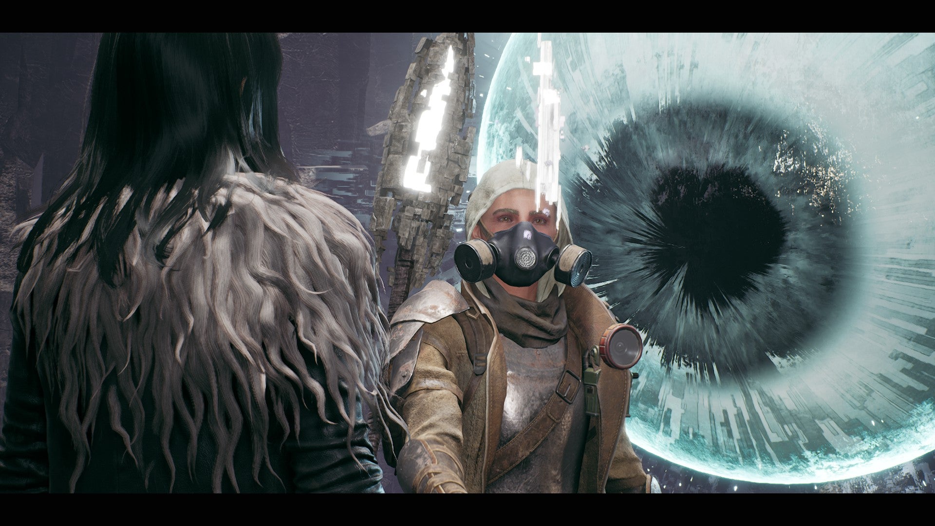 Your character looks intently at a white fragment as an unknown character stands in front of you and a giant eyeball looks over your shoulder, in a Remnant 2 cutscene.