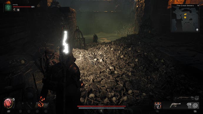 Remant 2 screenshot showing you stand in a sewer, on top of hundreds and hundreds of skeletal remains.
