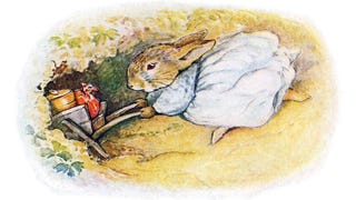A watercolour illustration of a rabbit in a blue dress entering her burrow, pushing a cart of items in front of her, from Cecily Parsley's nursery rhymes