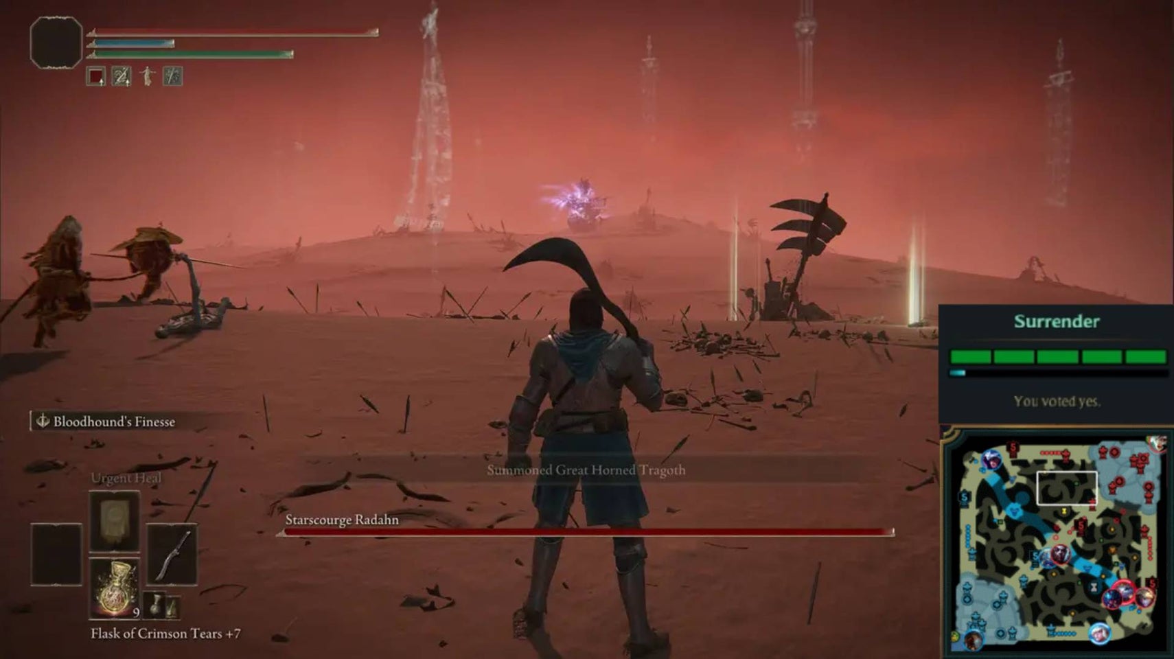 Radahn fight in Elden Ring with League of Legends surrender vote and mini-map - 1