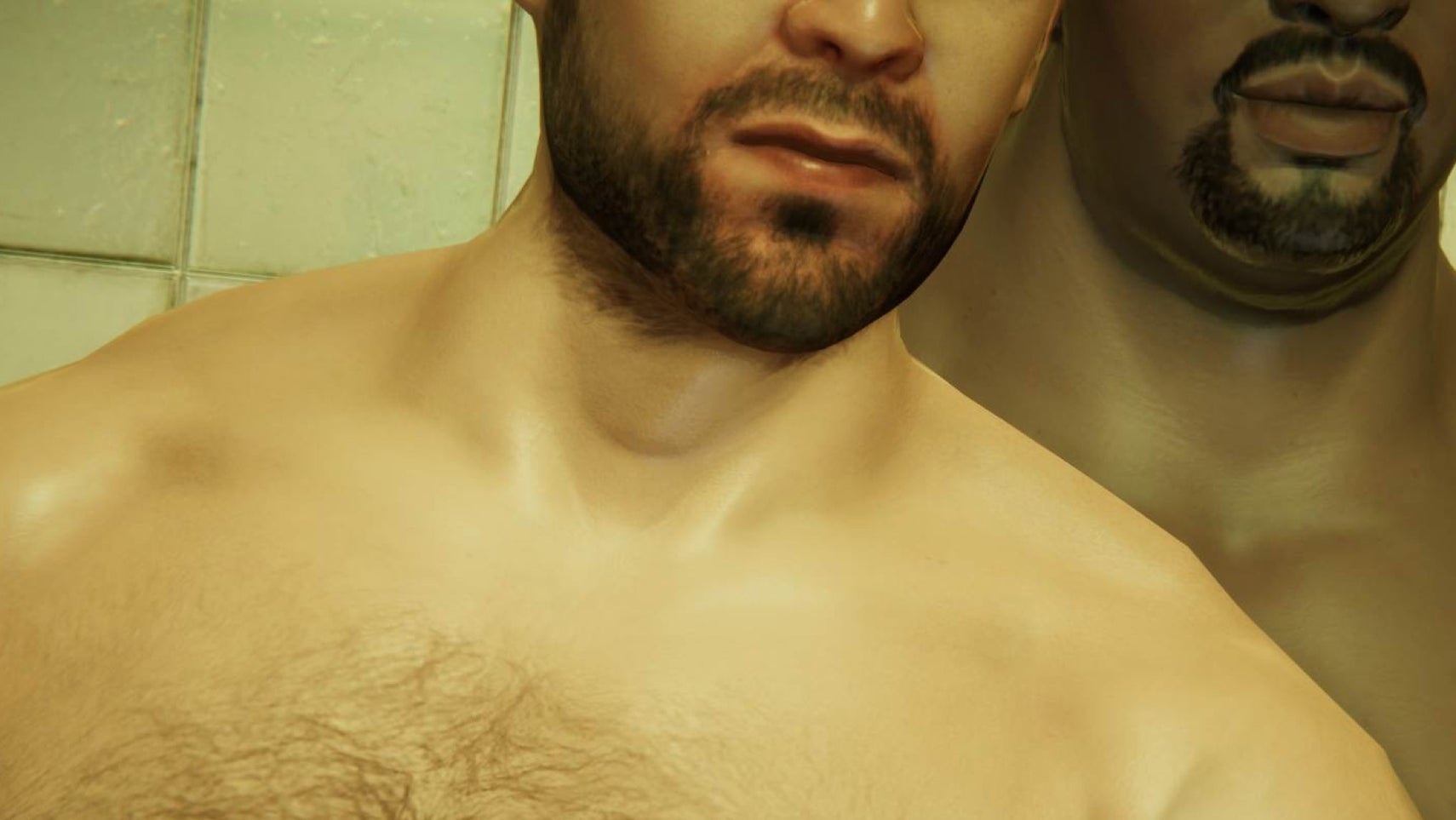 Image from designer Robert Yang's Rinse and Repeat showing a closely cropped shot of two men in a shower.
