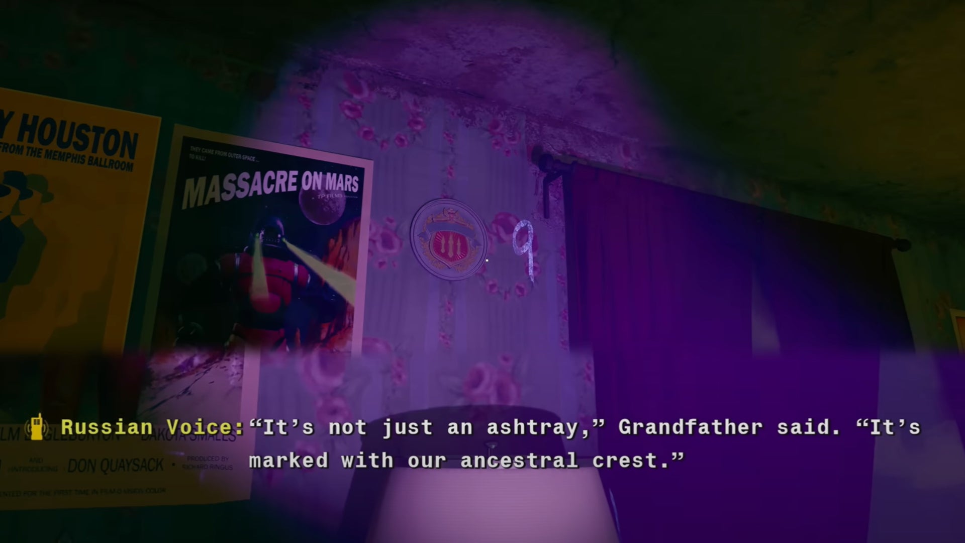 Looking at a family crest in Black Ops 6's safehouse with the number 9 scratched next to it via Blacklight. - 3