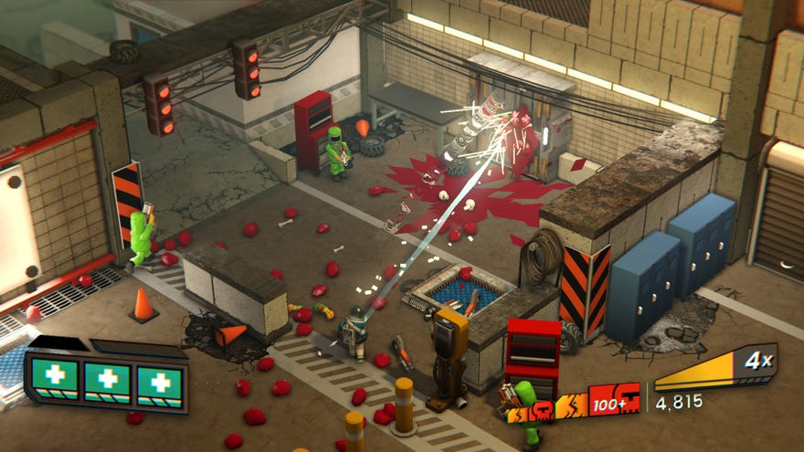 A screenshot of Radio Viscera showing an isometric view of an industrial building, smeared in blood and meat.