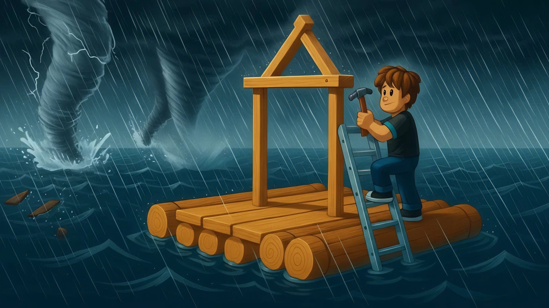 Artwork from the Roblox game, Raft Tycoon, featuring a man attempting to build a house on a raft amidst a storm. - 1