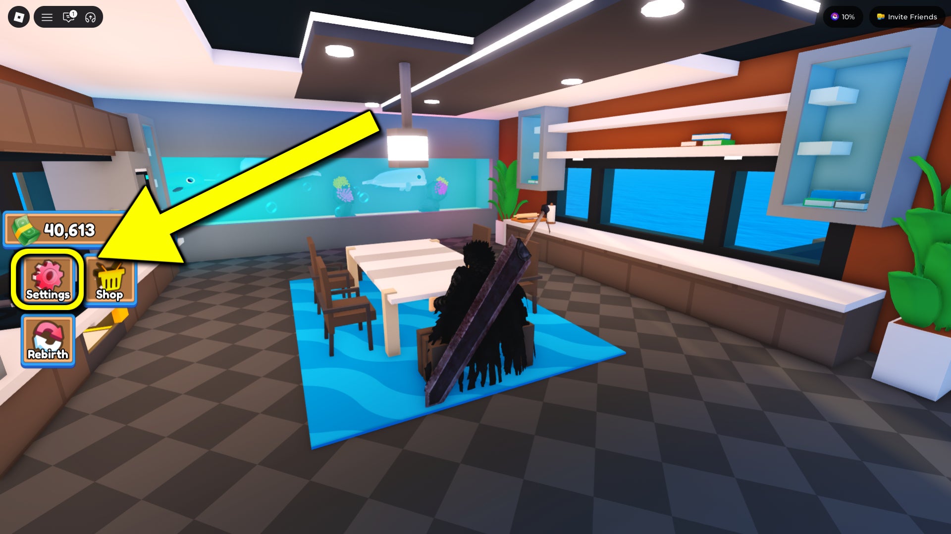 A screenshot from the Roblox game Raft Tycoon, featuring an in-game arrow pointing towards the settings button. - 3