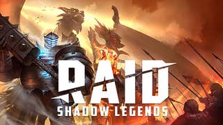 Artwork for the mobile game Raid Shadow Legends, showing an army peering up at a powerful dragon.
