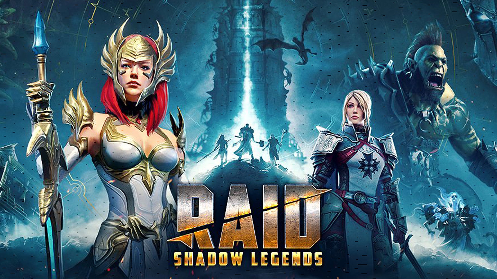 Artwork for mobile game Raid Shadow Legends showing different characters including elves and orcs. - 1