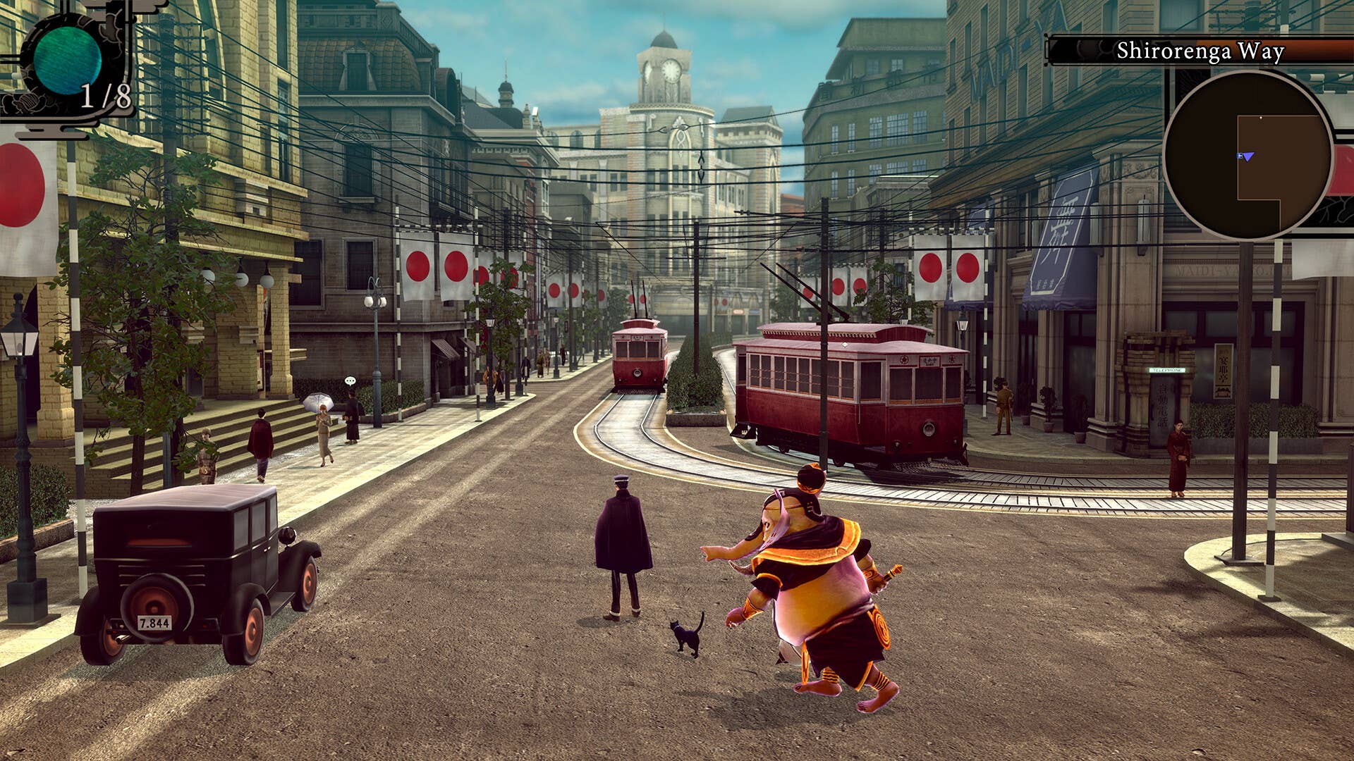 Raidou e uma versão demoníaca de Ganesha vagam pelas ruas dos anos 30 de Ginza, completas com estaleiros e bondes.