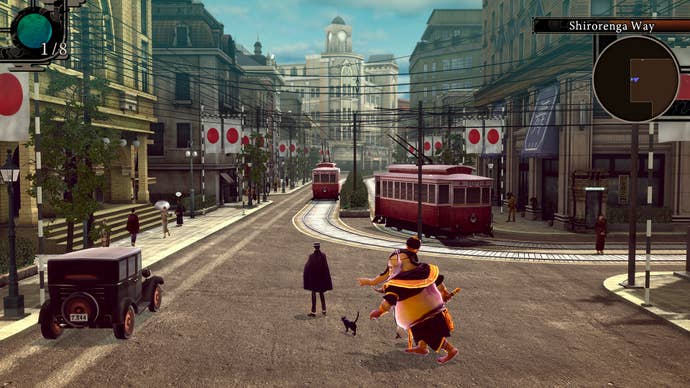 Raidou and a demon version of Ganesha wander around the 1930s streets of Ginza, complete with railcars and trams.