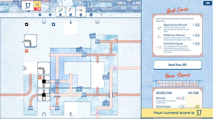 A screenshot of a gameboard, criss-crossed with unfinished railway lines, in Railroad Ink Challenge