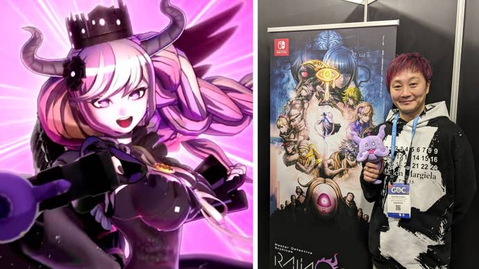 Custon header for VG247’s Rain Code interview, with an in-game screenshot split with a picture of Kodaka