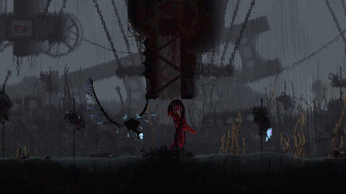 A pale blue slug cat creature (the player character in Rain World Downpour) hides on the right side of a rainy, grey, post-apocalyptic landscape, as a strange winged creature with a skull-like face divebombs the left side