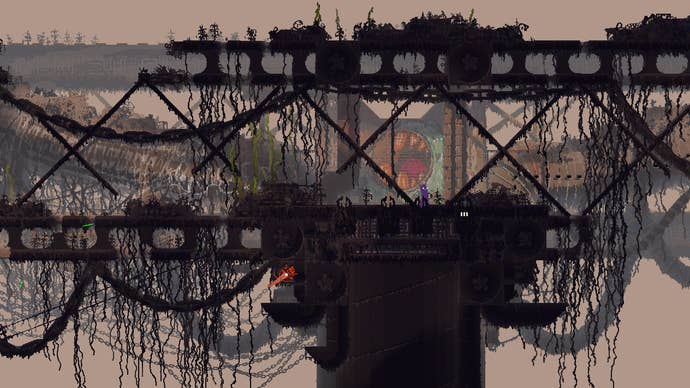 A slugcat in a bad situation in a Rain World: Downpour screenshot.