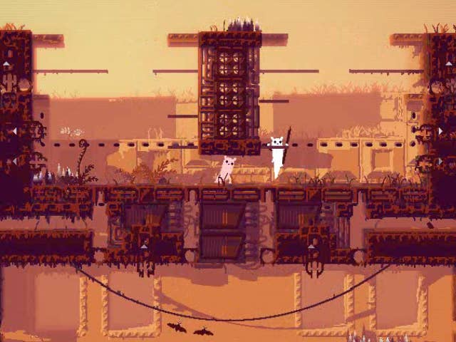 Pixel art of an industrial zone and a slugcat in Rain World.