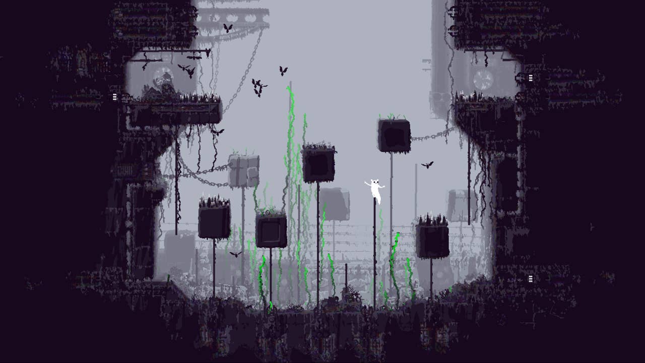 Uma série de caixas de plataforma, em forma de arte de pixel, no Game Rain World.