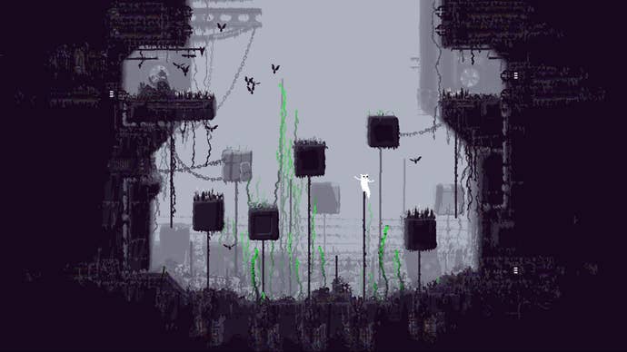 A series of platform boxes, in pixel art form, in the game Rain World.