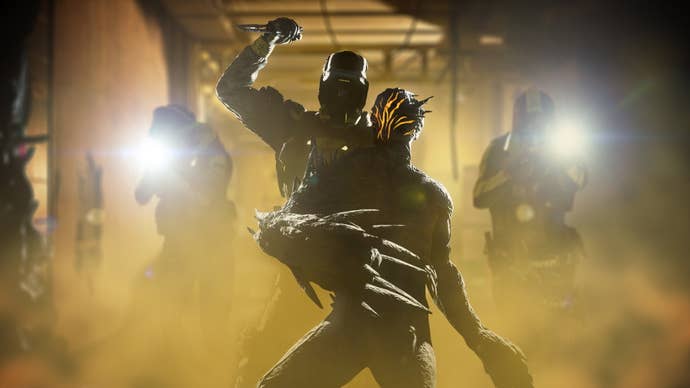 An operator from Rainbow Six: Extraction backstabs an Archaen.