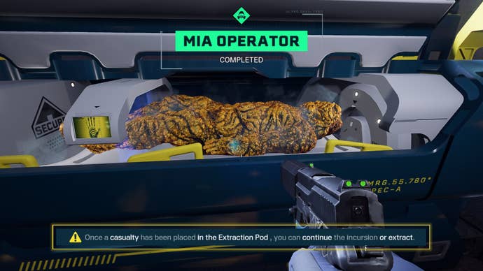 A rescued MIA Operator being placed into an Extraction Pod in Rainbow Six Extraction.