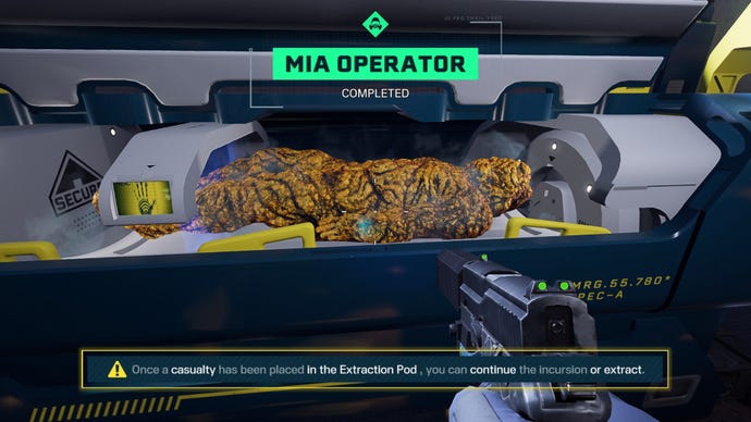 A rescued MIA Operator being placed into an Extraction Pod in Rainbow Six Extraction.