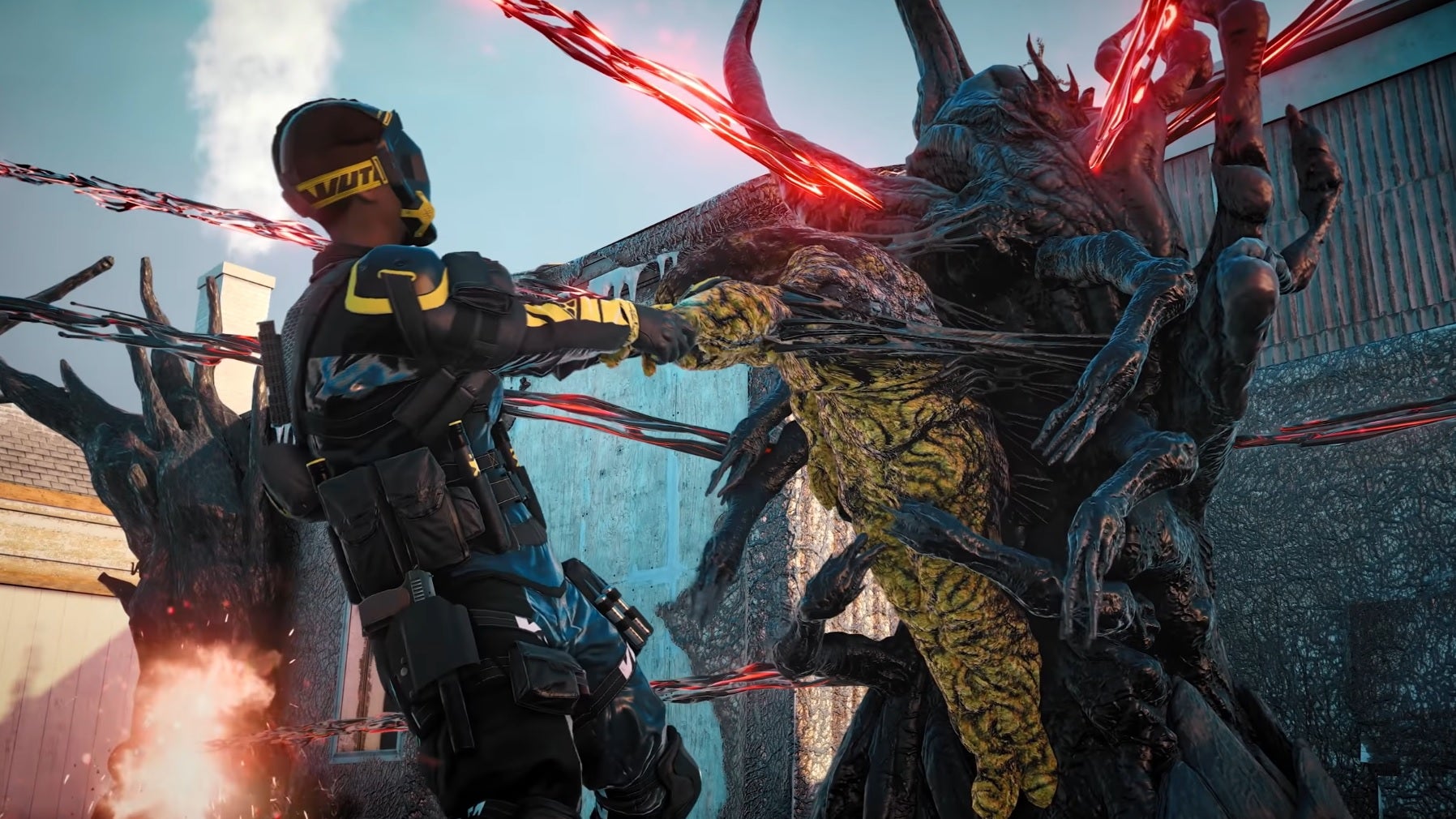 Rainbow Six Extraction - An operator pulling on the arm of another operator encased in yellow infection during an MIA rescue mission.