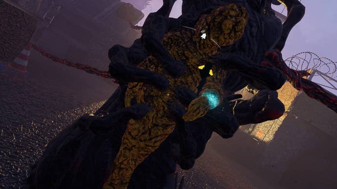 An MIA Operator, coated in REACT Foam and attached to an Archaean Tree in a Rainbow Six Extraction rescue mission.