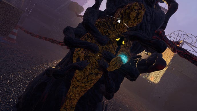 An MIA Operator, coated in REACT Foam and attached to an Archaean Tree in a Rainbow Six Extraction rescue mission.