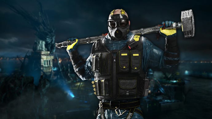 Promotional art of Sledge, one of the playable Operators in Rainbow Six Extraction, superimposed on a backdrop of a ruined Liberty Island.