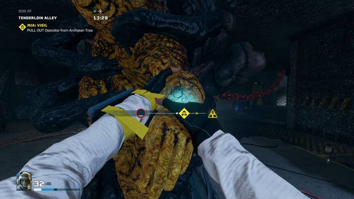 Rainbow Six Extraction player pulling another operator out of the Archaen tree. Operator is covered in yellow stasis foam