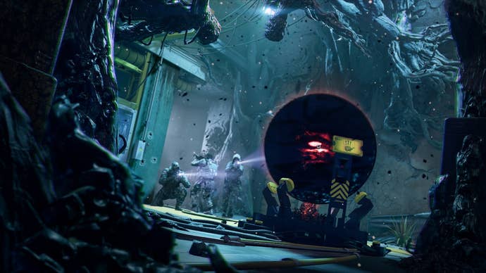 Operators from Rainbow Six: Extraction enter a room filled with Archaen gunk and aim their guns at a mysterious singularity machine.