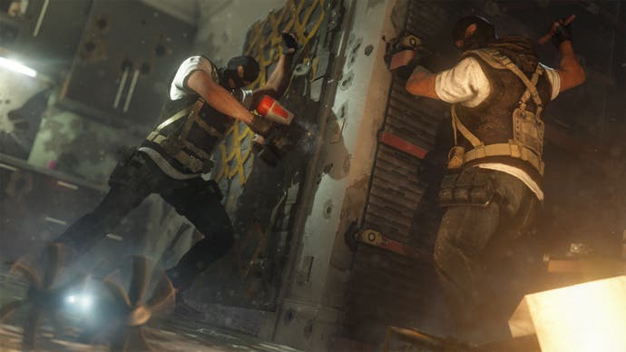 Rainbow Six Siege characters barricading a wall.