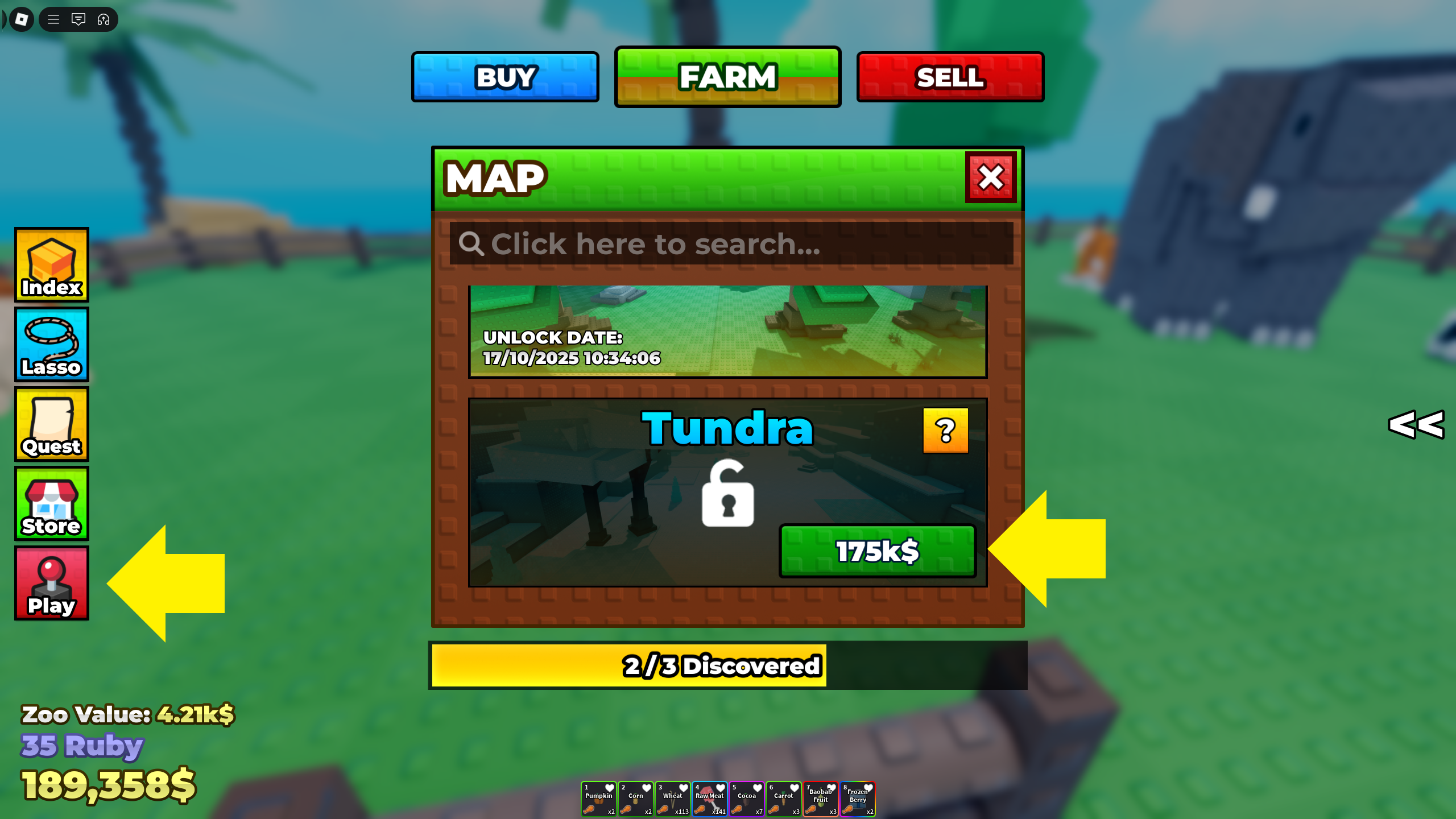 The map menu showing the Tundra unlock screen in Raise Animals. - 4