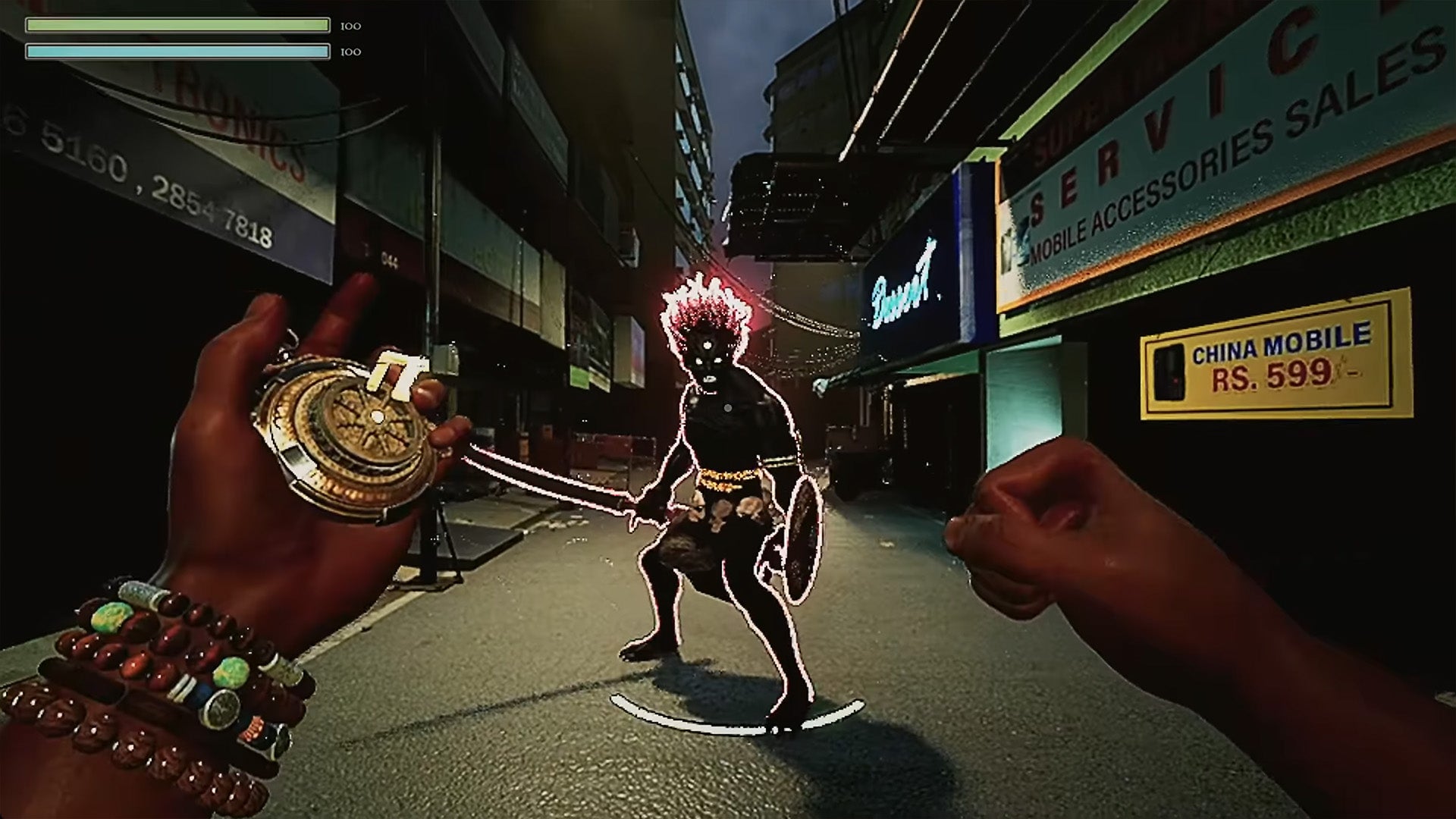 A first-person perspective of someone holding some kind of magical mechanical device that resembles a stop watch in their left hand, right hand raised into a fist facing off against a sword and shield wielding demon on the streets of India in Rakshasa. - 1